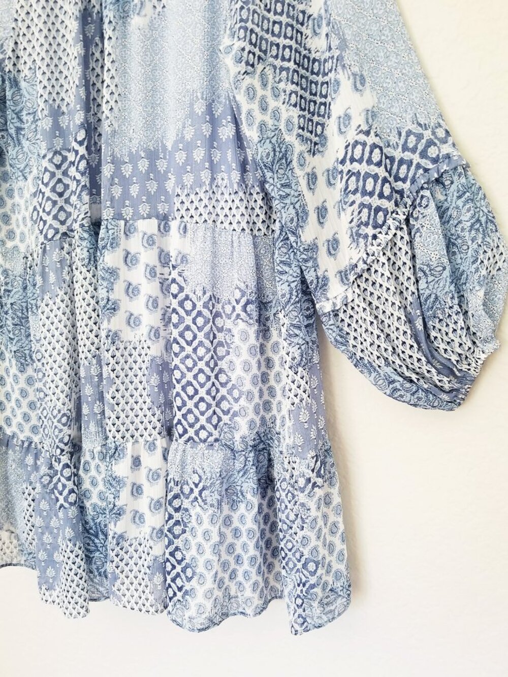 MSK Ruffle V Neck Baby Doll Dress XL Chiffon Patchwork Blue Shimmer Boho Cottage - Picture 13 of 15